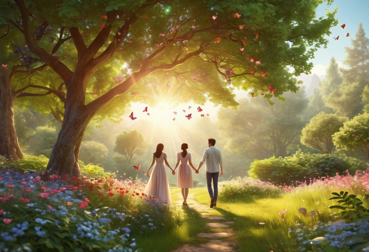 A serene landscape depicting a couple joyfully connecting, surrounded by lush greenery and blooming flowers, with warm sunlight filtering through the trees. Include symbols of happiness like butterflies and hearts floating around them. The atmosphere should evoke tranquility and love, with a subtle hint of sparkle in the air. vibrant colors. 3D. soft-focus.